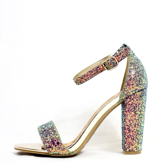 Open Toe Glitter Sparkle Block Heel Sandals - Picture 2 of 5
